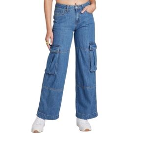 Wild Fable Blue Mid-Rise Cargo Baggy Wide Leg Utility Jeans - Wild Fable